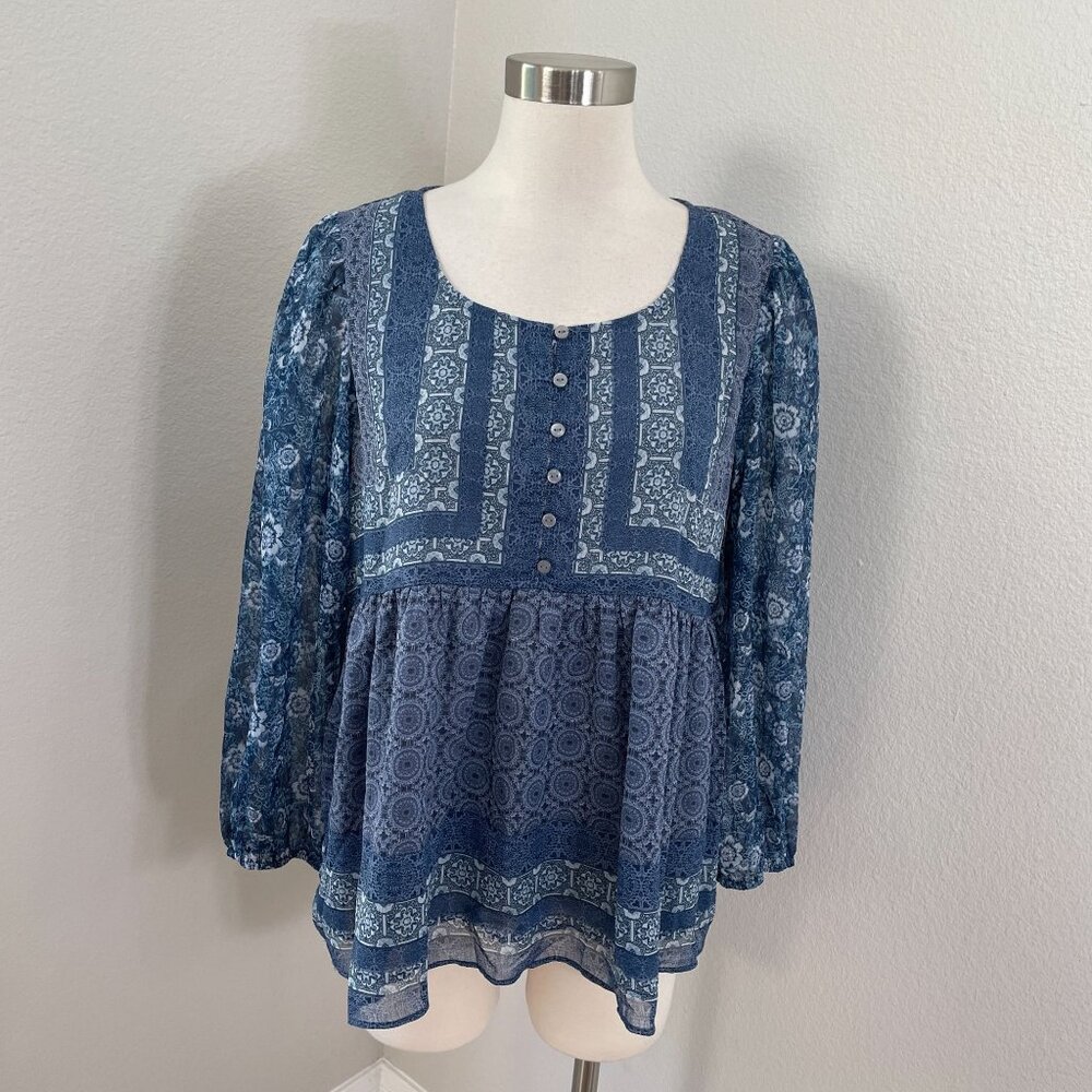 Lucky Brand Womens Medium Blue Floral Button Front Peasant Top Long Sleeve‎